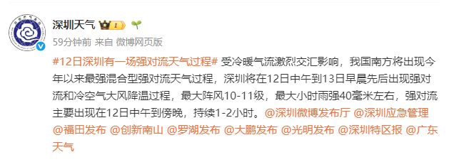 最大阵风11级！12日深圳有一场强对流天气过程(图1)